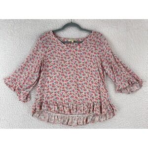Cynthia Rowley Pink Floral Print‎ Peplum Shirt Womens V-Neck 3/4 Sleeve Size S